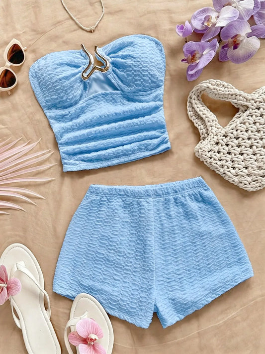 Summer Bohemian Romantic Sleeveless Elastic Knit Crop Top Buckle Two-Piece Short Set, Women's Fashion Casual Vacation Wear