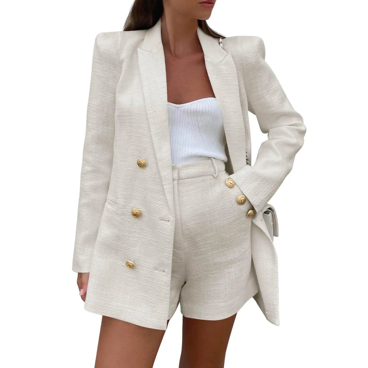 Imily Bela Womens 2 Piece Tweed Blazer Shorts Sets Long Sleeve Double Breasted Suit Jackets Business Outfit Fabric Formal