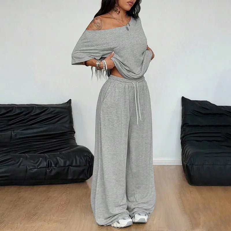Women Off Shoulder Sweatsuits Oversized Pullover Sweatshirt and Wide Leg Pants Lounge Sets Two Piece Outfits
