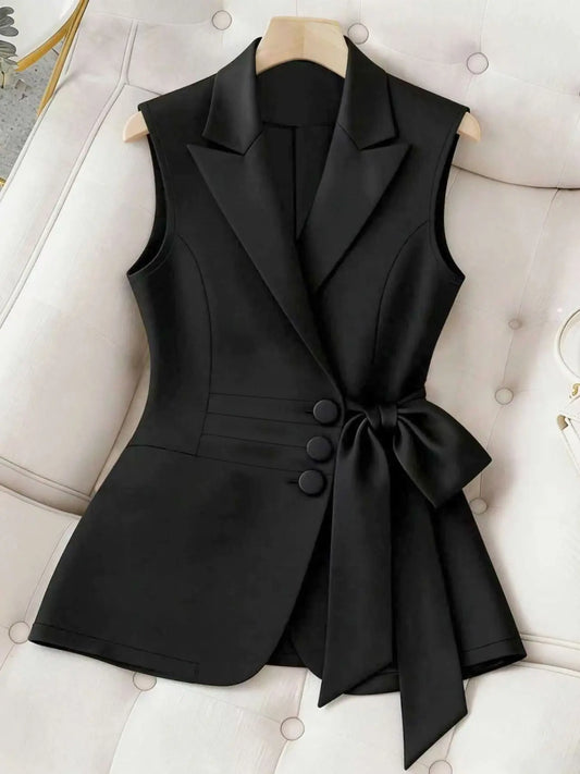 Women's Lapel Blazer Vest, Side Tie Waist Cinch Slimming Sleeveless Top, Butterfly Knot Blazer Vest, Chic Aesthetic Sleeveless Gilet Piece