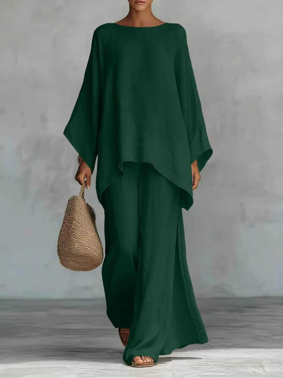 New Women's Simple Solid Loose-Fit Long Sleeve Blouse and Wide-Leg Pants Set, Baggy, Comfortable Casual Outfit, Perfect for Daily Wear, Stylish, Trendy and Elegance Two-Piece Set