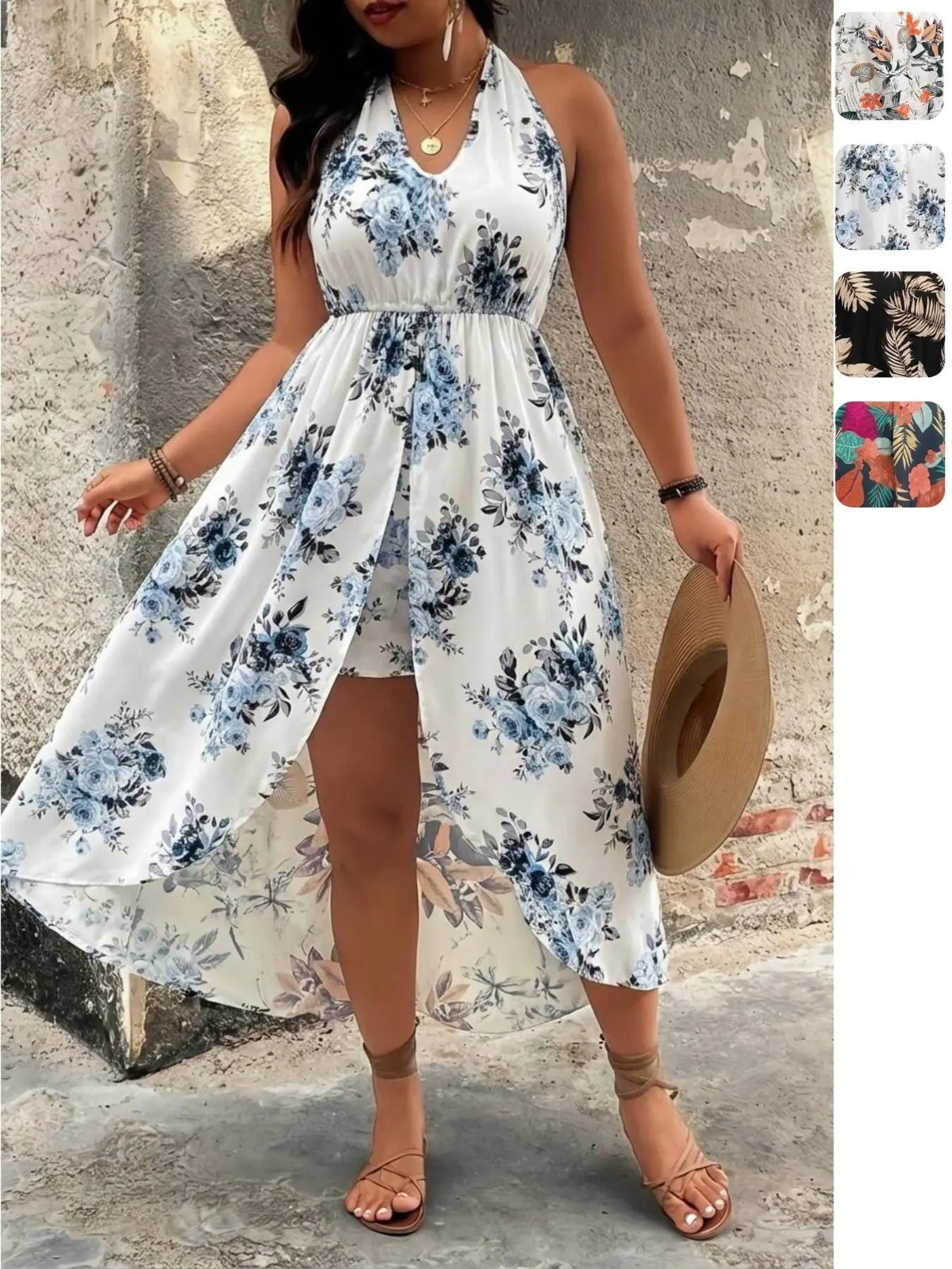 [Plus Size] Two-piece Set Floral Print Split Hem Top & Shorts Set Sleeveless, Boho Casual Two-piece Outfits for Beach Vacation Holiday, Women's Clothes for Summer, Bohemian, Fashion Style Sets, Womenswear, Fashion Clothing Set