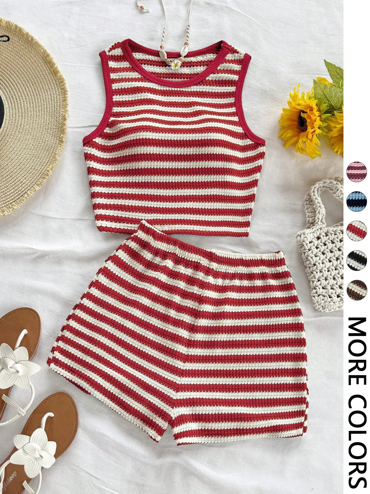 Women's Casual Knitted Striped Backless Short Sleeve Top with Elastic Waist Shorts, Perfect for Vacation Wear, Matching 2 Piece Casual Chic Set, Clothes, Summer Outfit Set