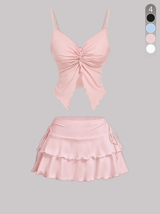 Women's Breathable Casual Solid Fitted Ribbed Strappy Sleeveless Twist-Front Top & Tie-Side Skirt Set Feminine Clothes