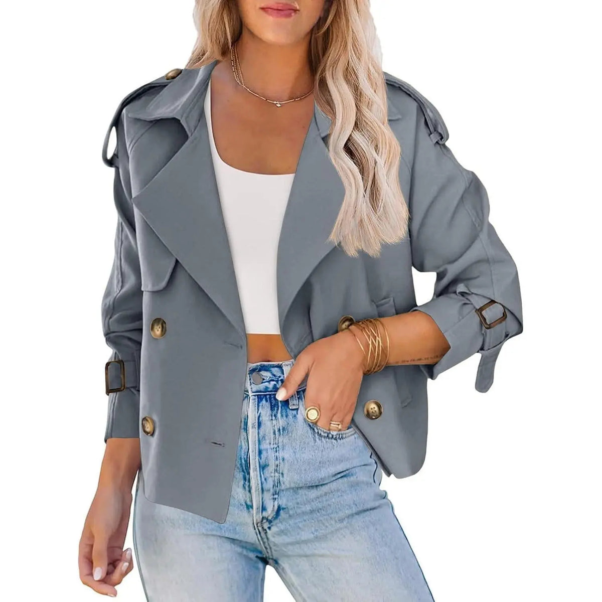 Fessceruna Women Crop Double Breasted Trench Coat Raglan Sleeve Work Office Cropped Jacket With Pockets