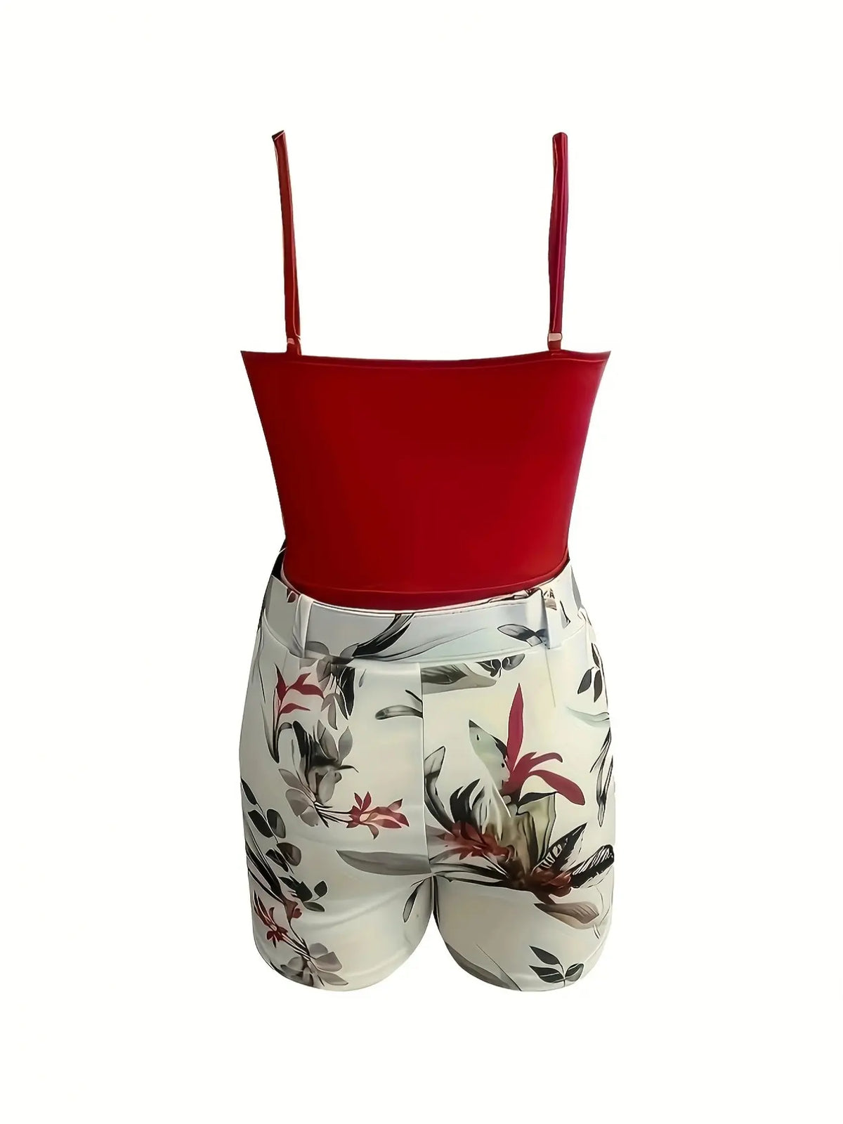 Women's V Neck Sleeveless Top & Plant Print Shorts Set with Belt, Summer Matching Set, Summer Tropical Floral Outfit, Perfect for Vacation, Beach and Casual Daily Wear, High Waist Fitted Design
