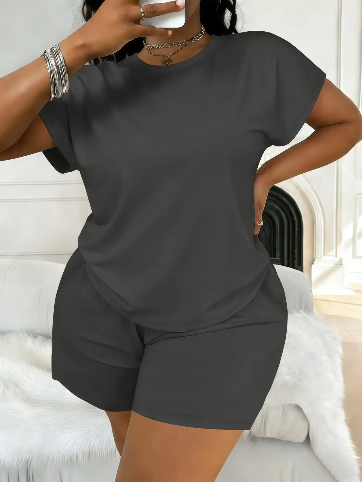 Women's Plus Size Casual Minimalist Plain Short-Sleeve Top and Shorts Set, Spring-Summer Womenswear Clothes with Loose Fit Comfort, All-Season Fashion