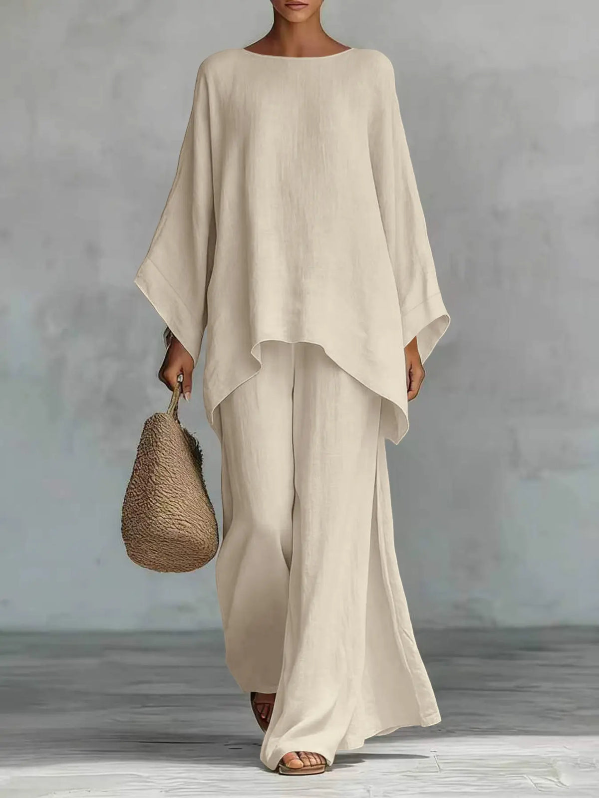 New Women's Simple Solid Loose-Fit Long Sleeve Blouse and Wide-Leg Pants Set, Baggy, Comfortable Casual Outfit, Perfect for Daily Wear, Stylish, Trendy and Elegance Two-Piece Set