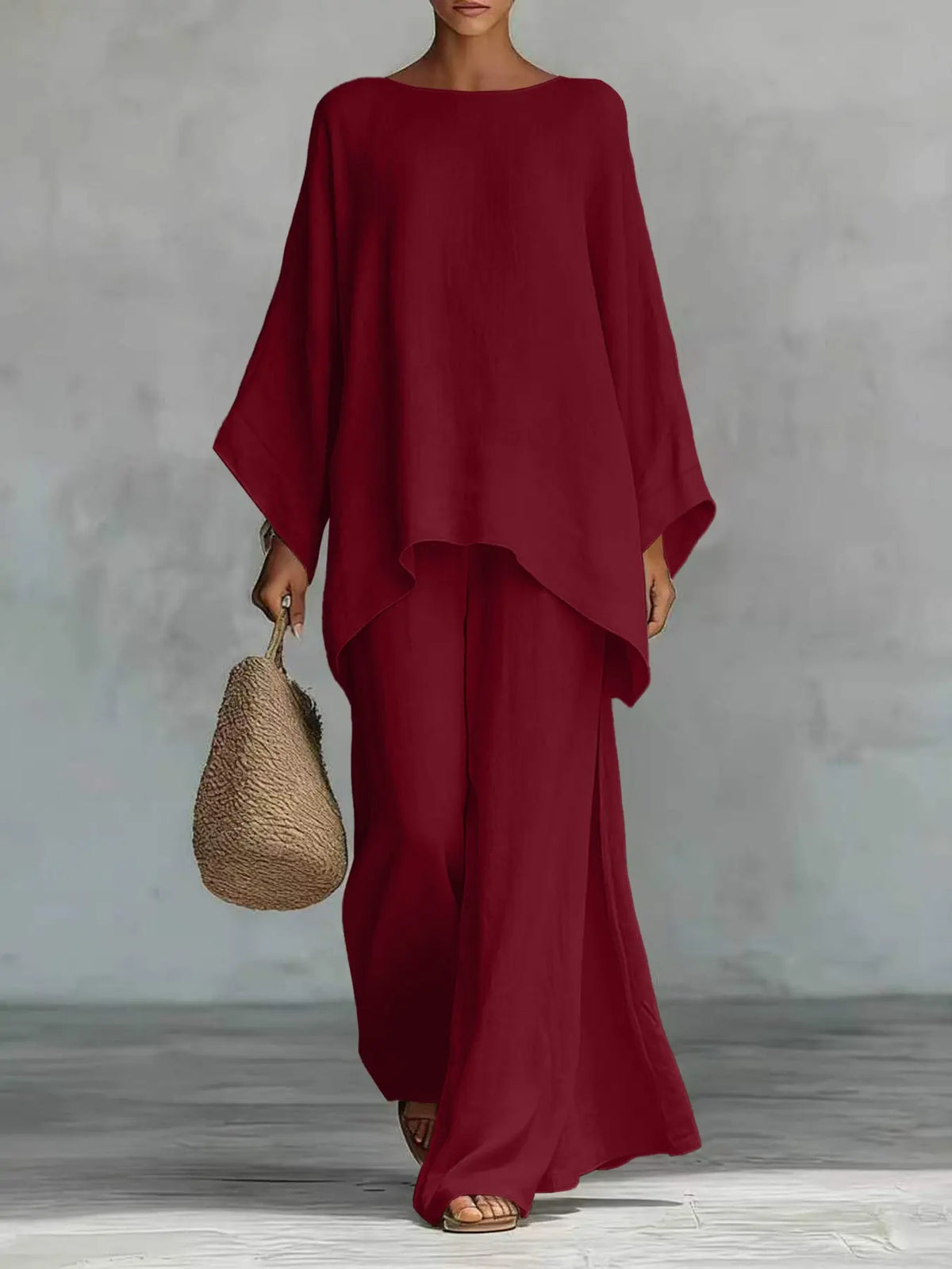 New Women's Simple Solid Loose-Fit Long Sleeve Blouse and Wide-Leg Pants Set, Baggy, Comfortable Casual Outfit, Perfect for Daily Wear, Stylish, Trendy and Elegance Two-Piece Set