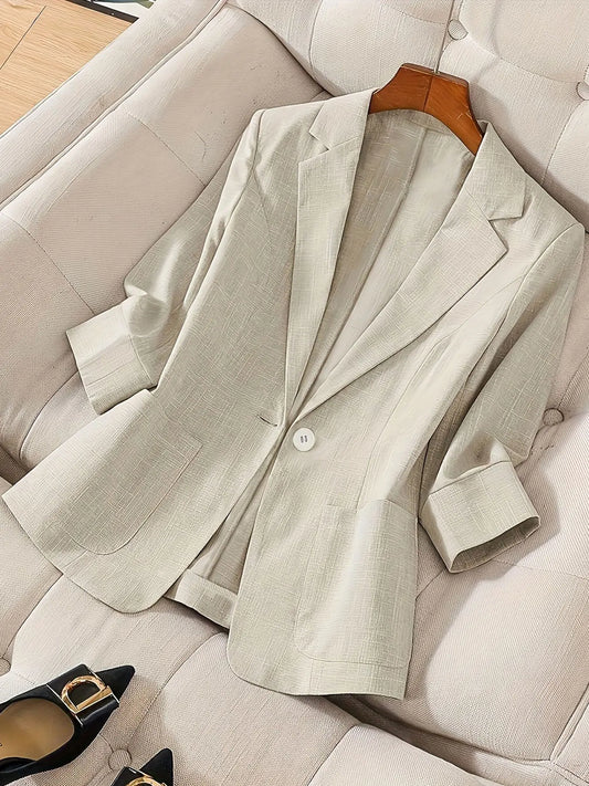 A women's solid color fashionable lightweight elegant high-end Minimalist three-quarter sleeve Fitted blazer, business attire clothes, suitable for spring and summer, ideal for commuting and daily wear.