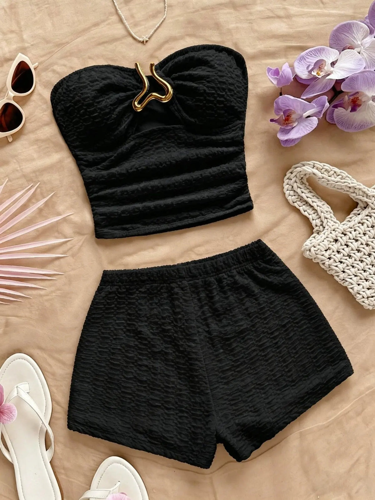 Summer Bohemian Romantic Sleeveless Elastic Knit Crop Top Buckle Two-Piece Short Set, Women's Fashion Casual Vacation Wear