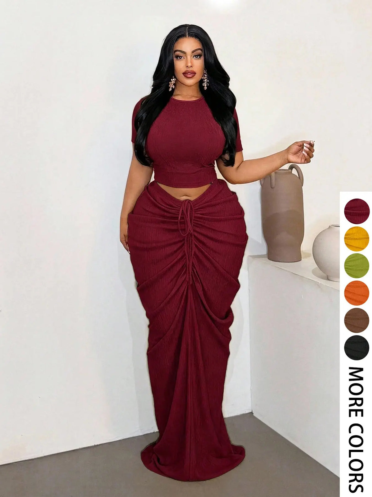 Plus Size Two-Piece Women's Set, Ribbed Short Top & Drawstring Pleated Skirt, Sexy Slim Fit Party Evening, Curvy Friendly Fashion
