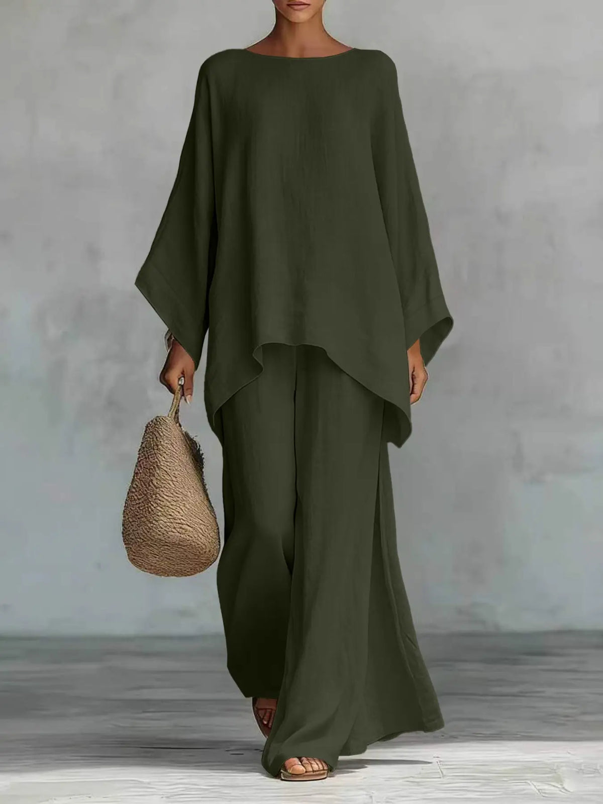 New Women's Simple Solid Loose-Fit Long Sleeve Blouse and Wide-Leg Pants Set, Baggy, Comfortable Casual Outfit, Perfect for Daily Wear, Stylish, Trendy and Elegance Two-Piece Set