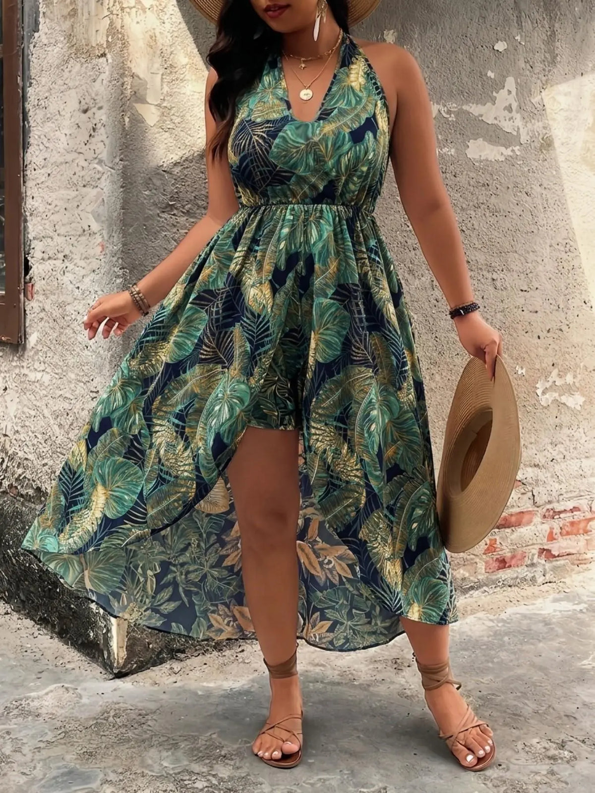 [Plus Size] Two-piece Set Floral Print Split Hem Top & Shorts Set Sleeveless, Boho Casual Two-piece Outfits for Beach Vacation Holiday, Women's Clothes for Summer, Bohemian, Fashion Style Sets, Womenswear, Fashion Clothing Set