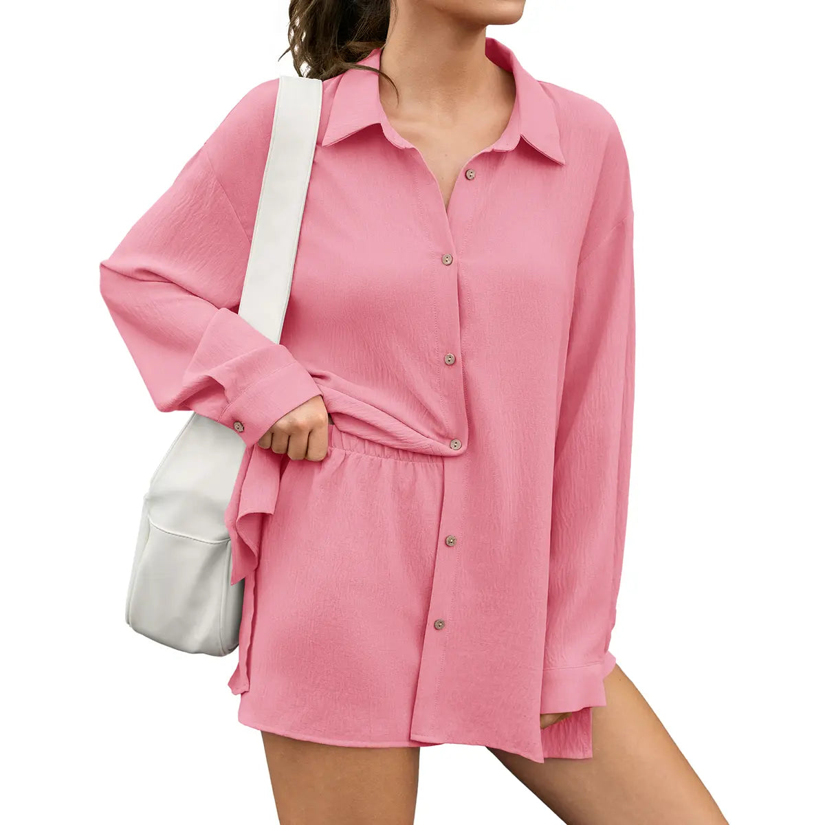Fisoew Womens 2 Piece Basic Collared Matching Set Oversized Long Sleeve Button Down Top Attachable Safety Shorts Casual Beach Cover-Up Vacation Outfits SohoChic