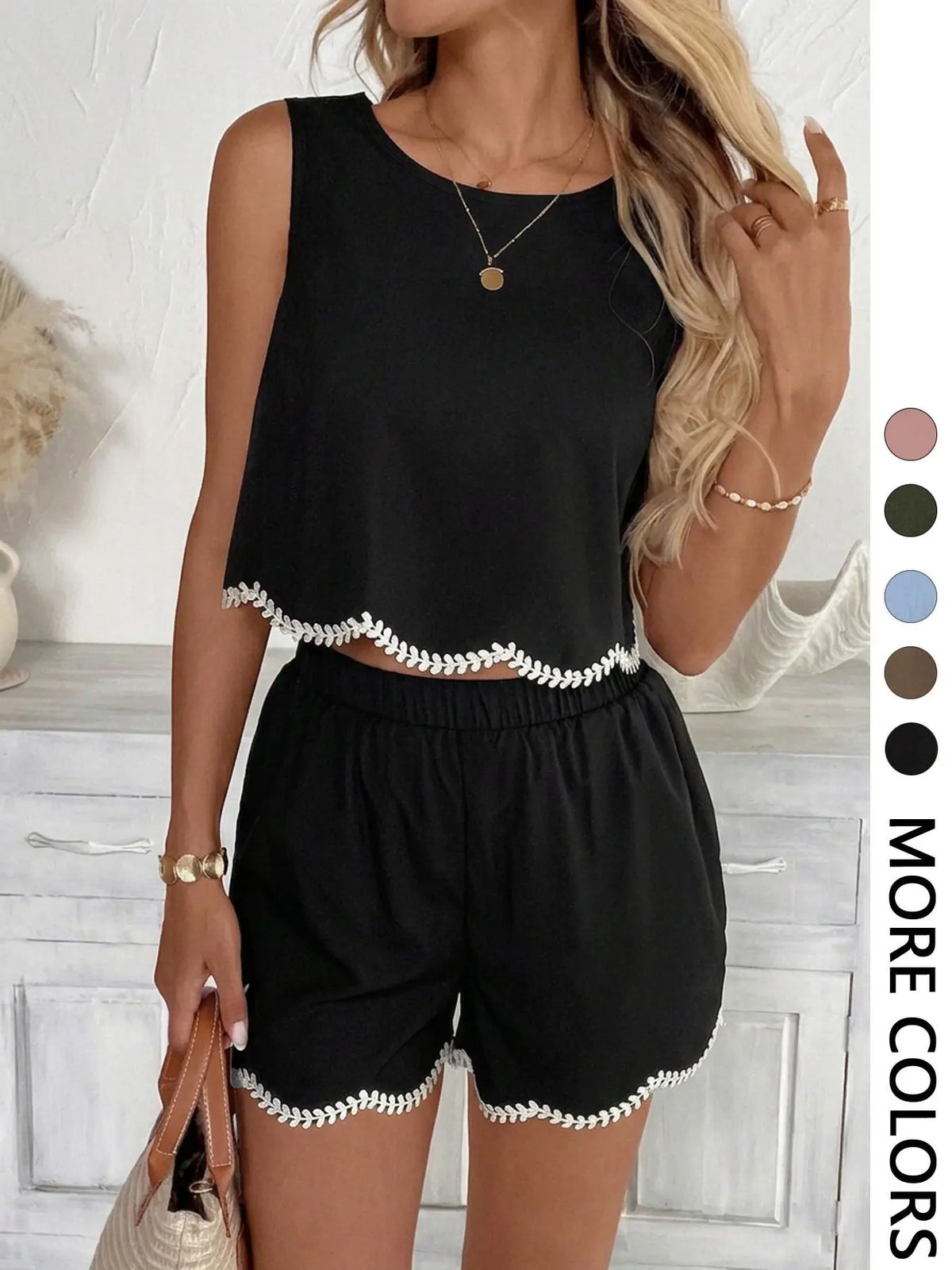 Women's Scallop Trim Embroidered Two-Piece Set, Suitable for Casual Going Out and Daily Wear, Island Vacation Beach Outfits, Sleeveless Summer Outfits for Women, Embroidery