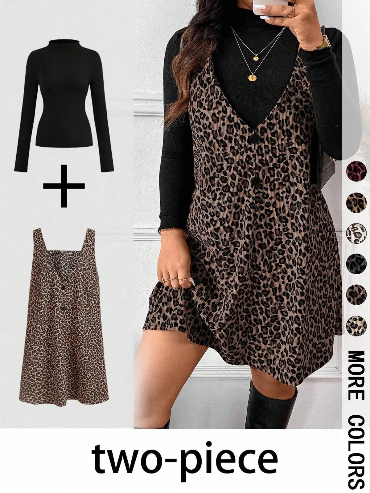 Women's High Neck Long Sleeve Inner Layer + Leopard Print Strap Skirt Matching Set, Casual Daily Day Spring Autumn Commuter, Two-Piece Ensemble Outfit Clothes, Animal Print Set
