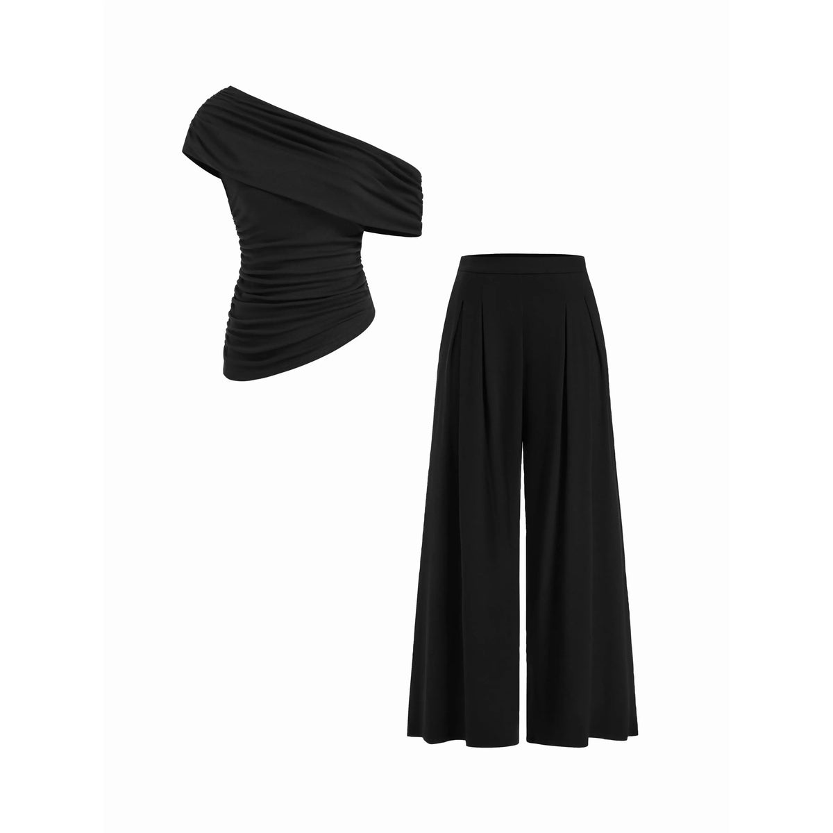 Cider 2-Piece Set Asymmetrical Neck Ruched Top & Mid Rise Wide Leg Draped Trousers Set