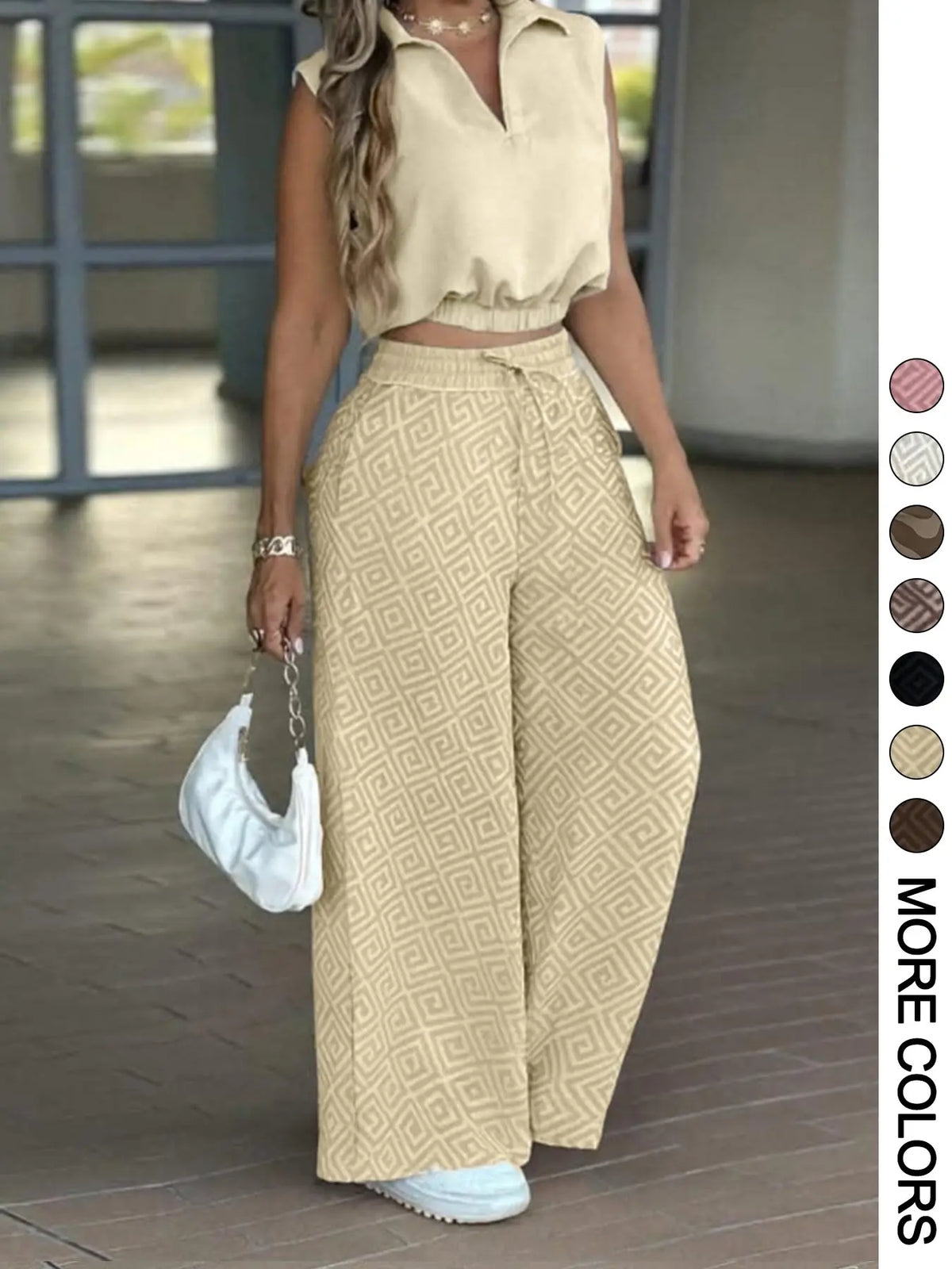 2-Piece Women's Basic Casual Commuter Clothes Set, Sleeveless Collared Waist-Defined Top with High-Waisted Adjustable Drawstring Wide-Leg Pants