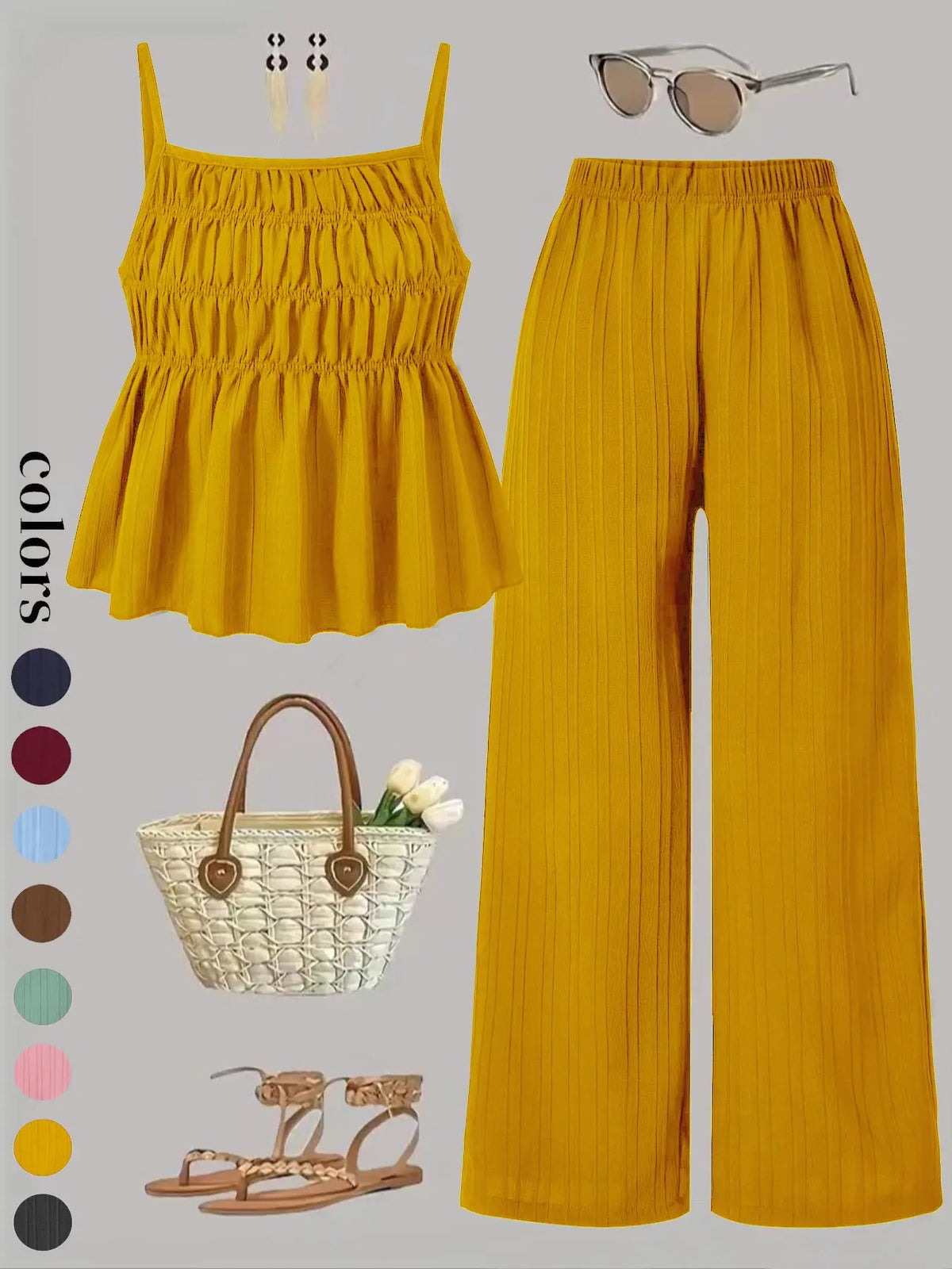 Two-Piece Set Women's Basic Solid Color Cami Top & Wide Leg Pants Set, Street Fashion Casual Outfits for Daily Outdoor Wear, Ladies Clothes for All Seasons