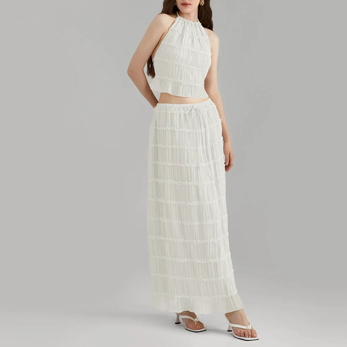 Women’s Two Piece Summer Outfits Sleeveless Ruched Halter Cami Tops and Long Skirt Set Beachwear