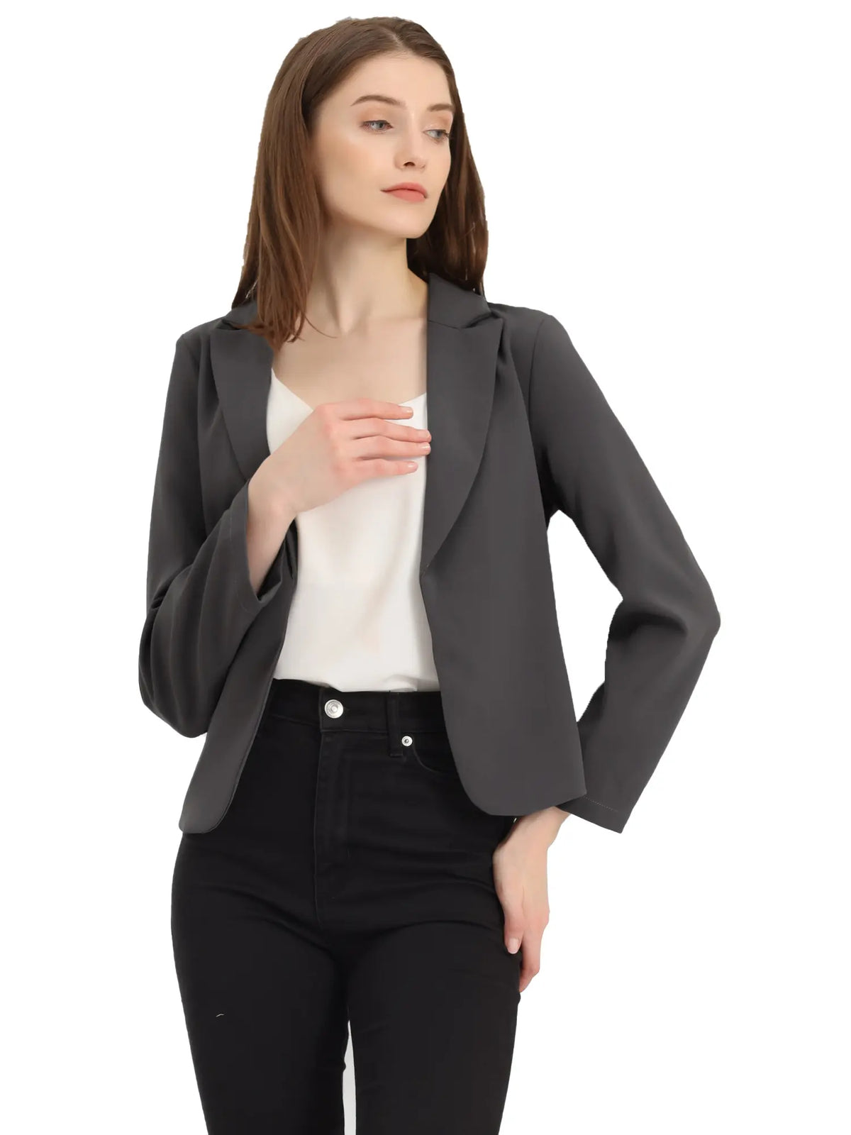INSPIRE CHIC Open Front Business Casual Crop Suit Blazer Jacket