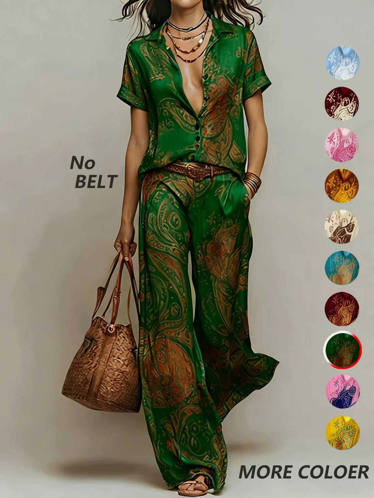 Casual Vacation Style Geometric Print Collared Shirt Top & Pocket Straight Leg Pants Set, Summer Matching Set, No Belt Included, Perfect for Daily Wear and Outdoor Activities, Chic