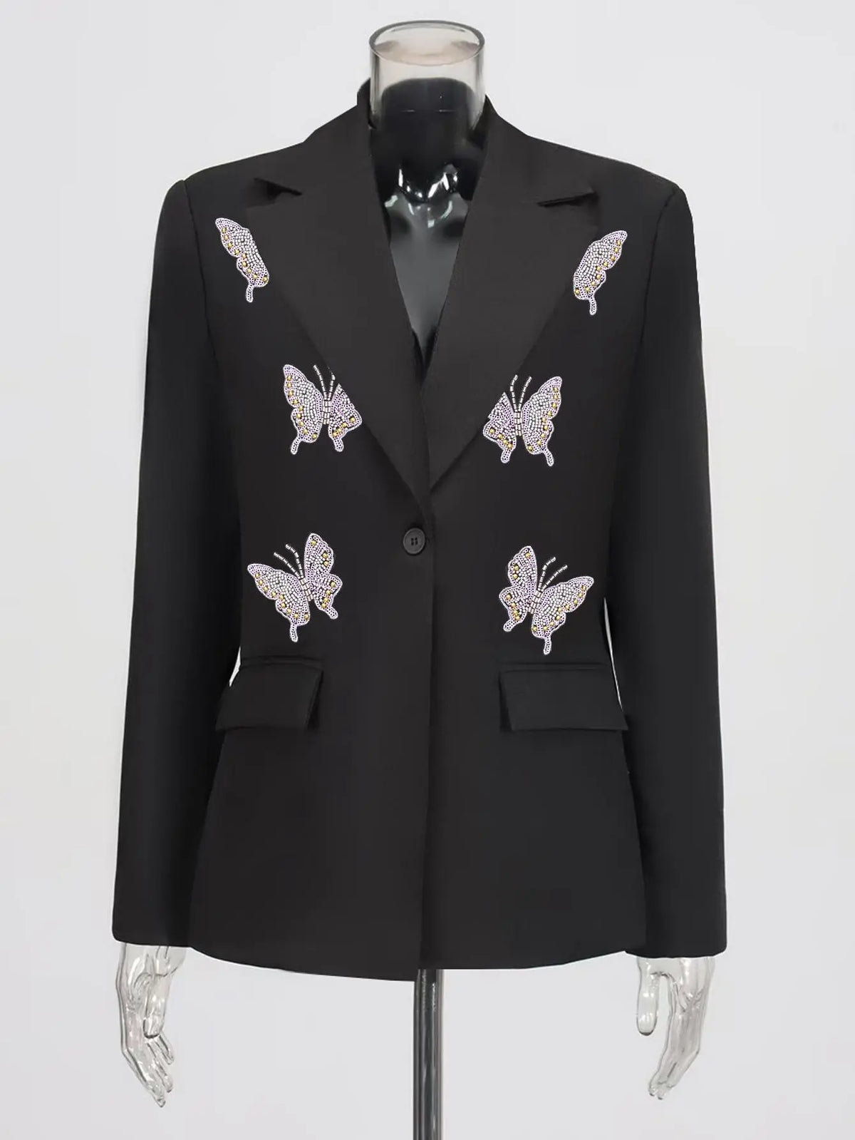 ASANDY Women's Oversized Aesthetic Polyester Jacket - Long Sleeves Add Polish and Coverage, Rhinestone Black Butterfly Pattern Turns Heads, Shiny Crystal Decoration, Street Fit, All Seasons, Everyday to Party Wear for Fashionable Women