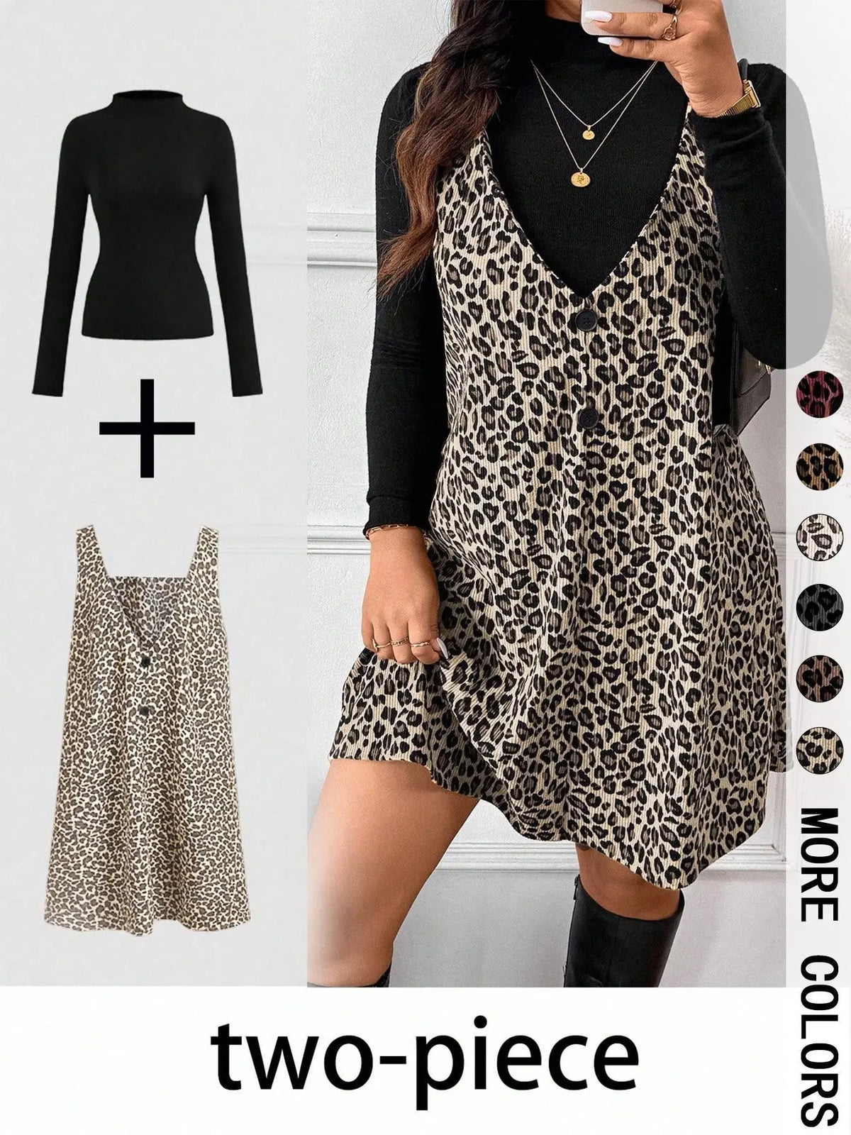 Women's High Neck Long Sleeve Inner Layer + Leopard Print Strap Skirt Matching Set, Casual Daily Day Spring Autumn Commuter, Two-Piece Ensemble Outfit Clothes, Animal Print Set