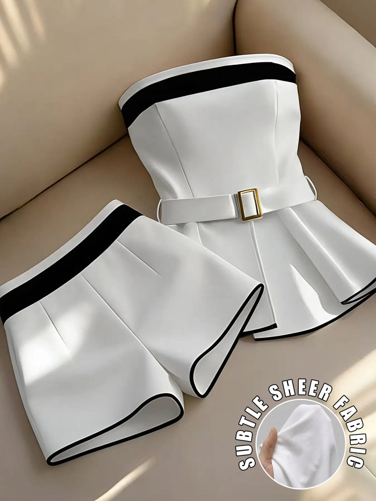 Women's Elegant Colorblock Top & Skinny Shorts Set, Perfect for Evening Date, Office and Daily Wear, Stylish and Comfortable Womenswear