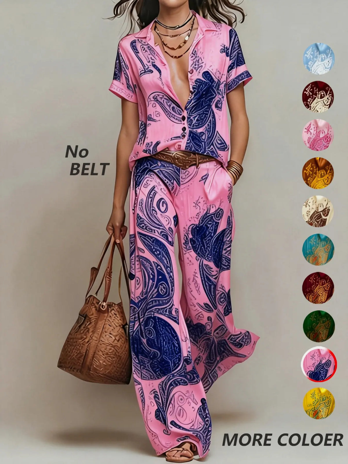 Casual Vacation Style Geometric Print Collared Shirt Top & Pocket Straight Leg Pants Set, Summer Matching Set, No Belt Included, Perfect for Daily Wear and Outdoor Activities, Chic