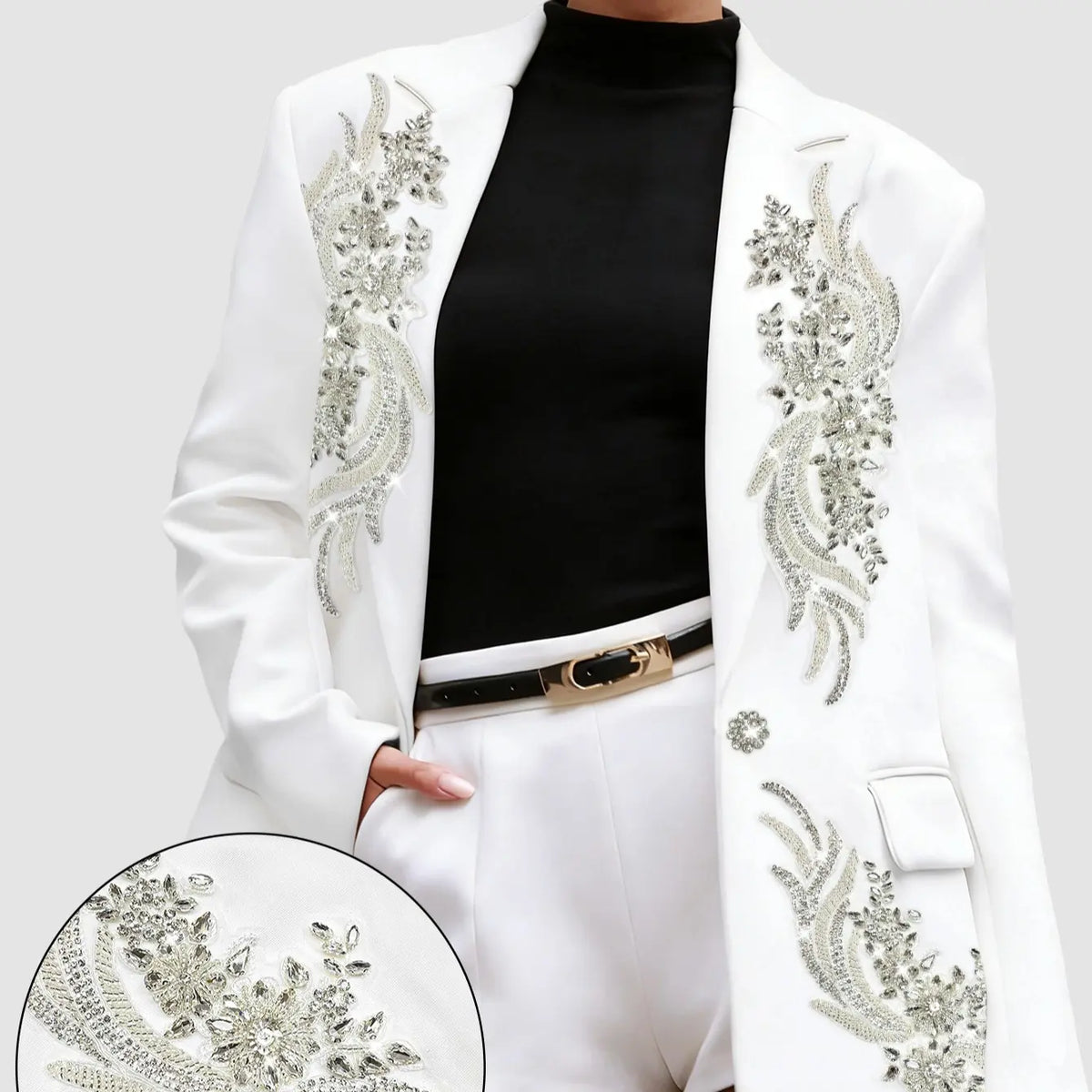 ASANDY Blazer for Women, Formal White Oversized Piece with Beaded Rhinestones & Floral Crystal Embroidery for Evening Wedding S M L, Fashion,clothes for back to school,first day of school outfits,sohochic
