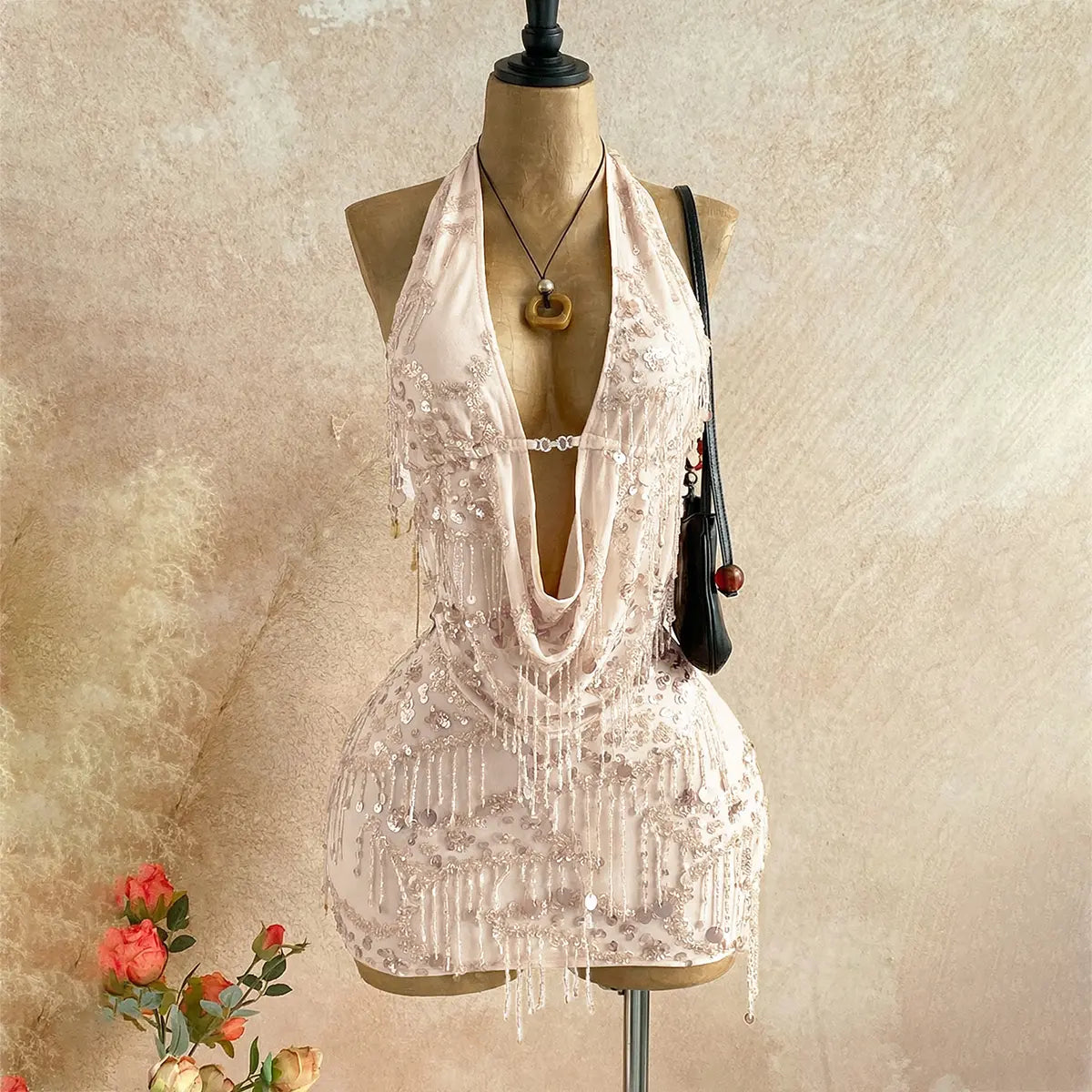 Women's 2-Piece Sexy Fitted Sequin Fringe Fashion Apparel Set - Drape Neck Cowl Camisole & Mini Skirt Matching Set for Music Festival, Club Night Out, Matching Sets For Women