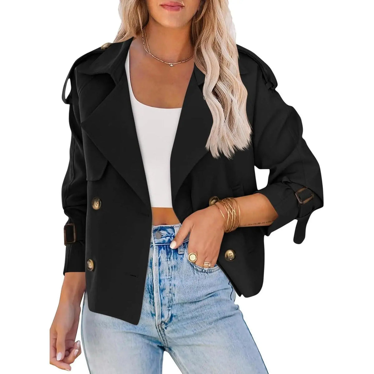 Fessceruna Women Crop Double Breasted Trench Coat Raglan Sleeve Work Office Cropped Jacket With Pockets