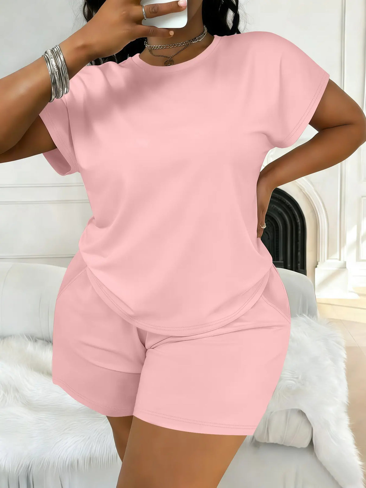 Women's Plus Size Casual Minimalist Plain Short-Sleeve Top and Shorts Set, Spring-Summer Womenswear Clothes with Loose Fit Comfort, All-Season Fashion