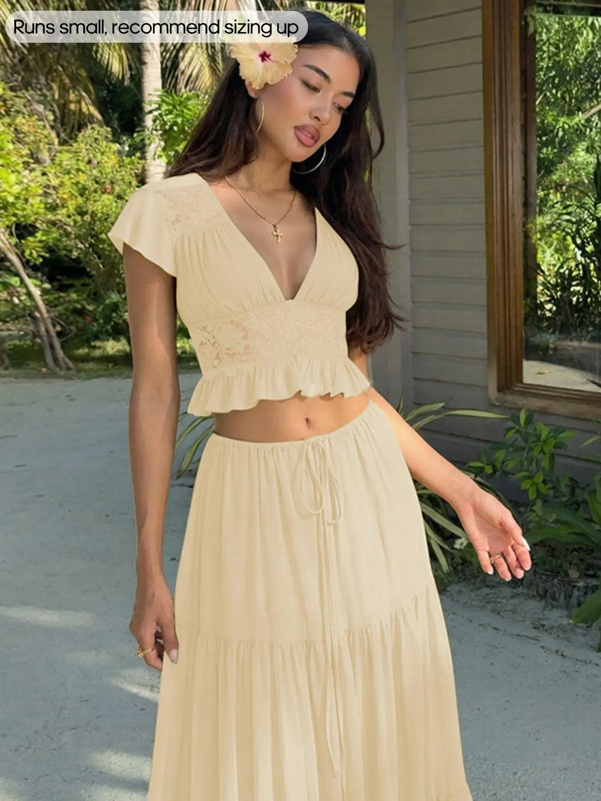 Women Summer Short Sleeve V Neck Tops Long Skirt Beach Vacation Chiffon Two Piece Set Outfit Clothes Summer Beach Suit