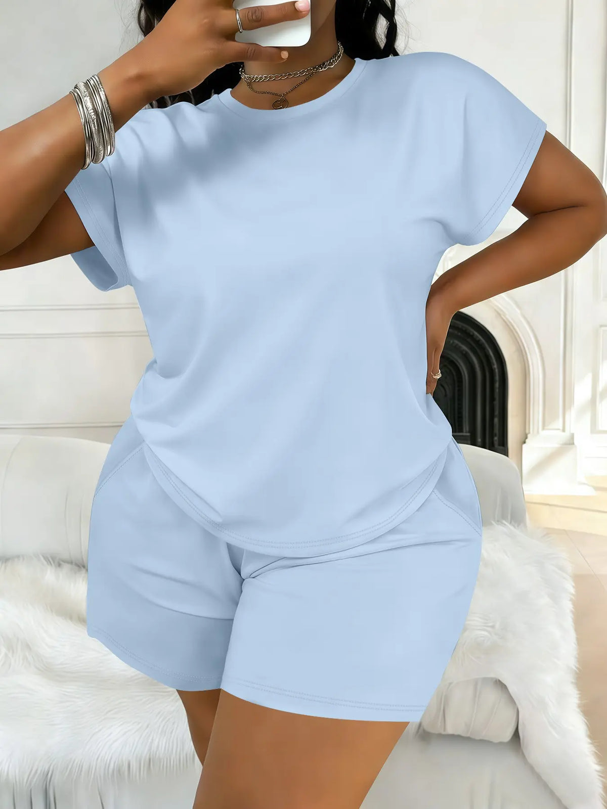 Women's Plus Size Casual Minimalist Plain Short-Sleeve Top and Shorts Set, Spring-Summer Womenswear Clothes with Loose Fit Comfort, All-Season Fashion