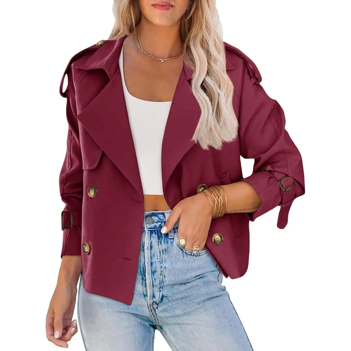 Fessceruna Women Crop Double Breasted Trench Coat Raglan Sleeve Work Office Cropped Jacket With Pockets