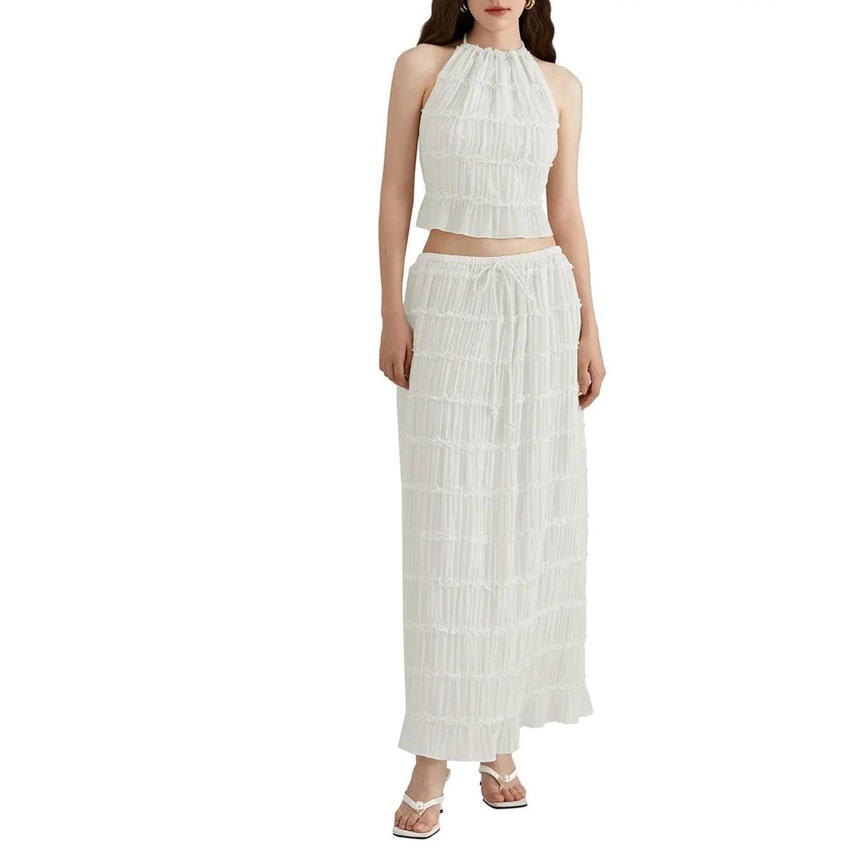 Women’s Two Piece Summer Outfits Sleeveless Ruched Halter Cami Tops and Long Skirt Set Beachwear