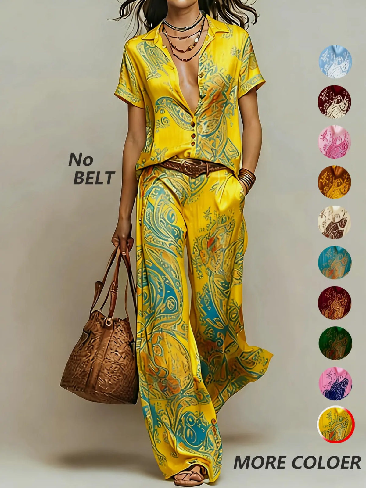 Casual Vacation Style Geometric Print Collared Shirt Top & Pocket Straight Leg Pants Set, Summer Matching Set, No Belt Included, Perfect for Daily Wear and Outdoor Activities, Chic