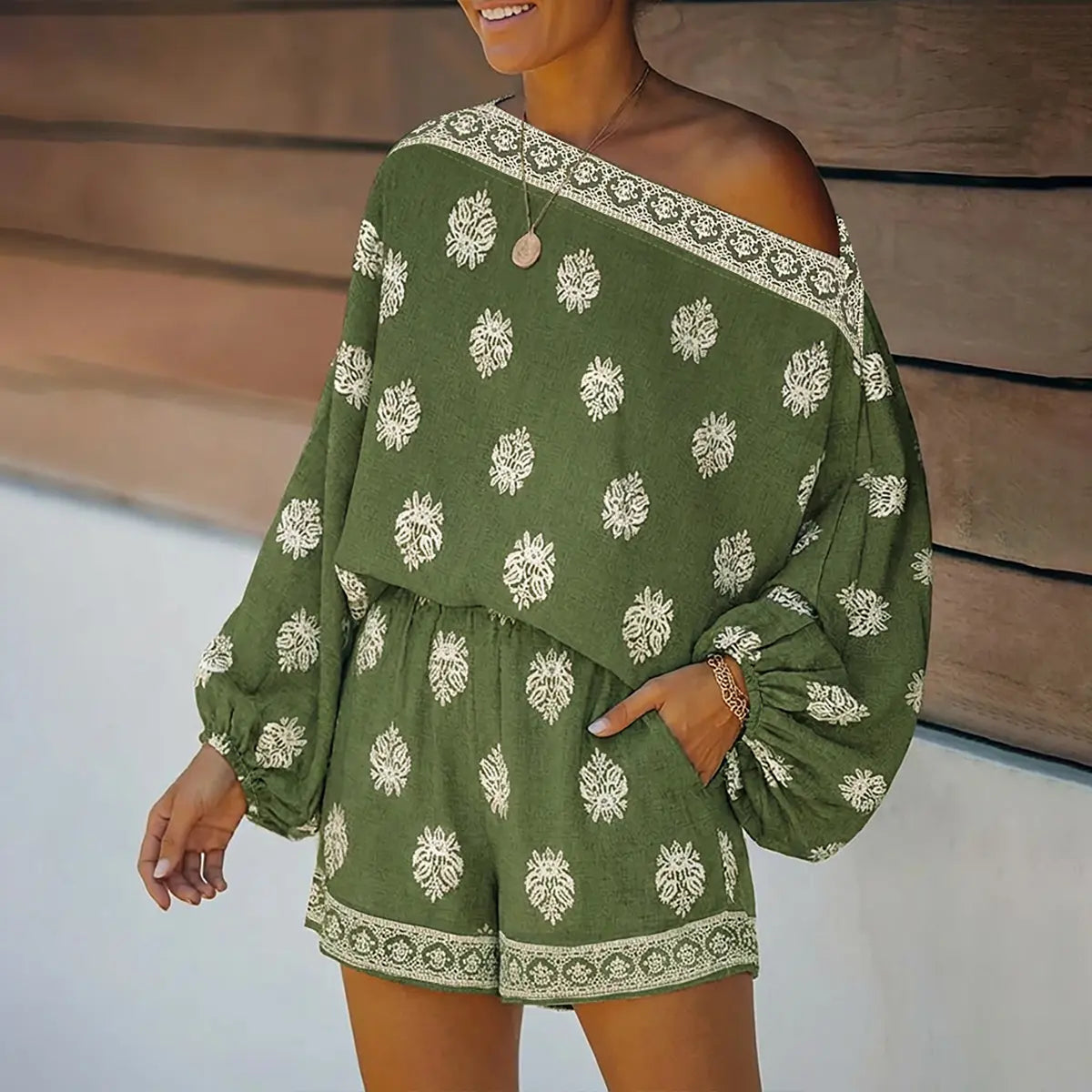 CHICME Women's 2 Pieces Outfit Boho Lantern Sleeve Linen Top and Shorts Set Beach Vacation Summer Outfits Bohemian Womenswear