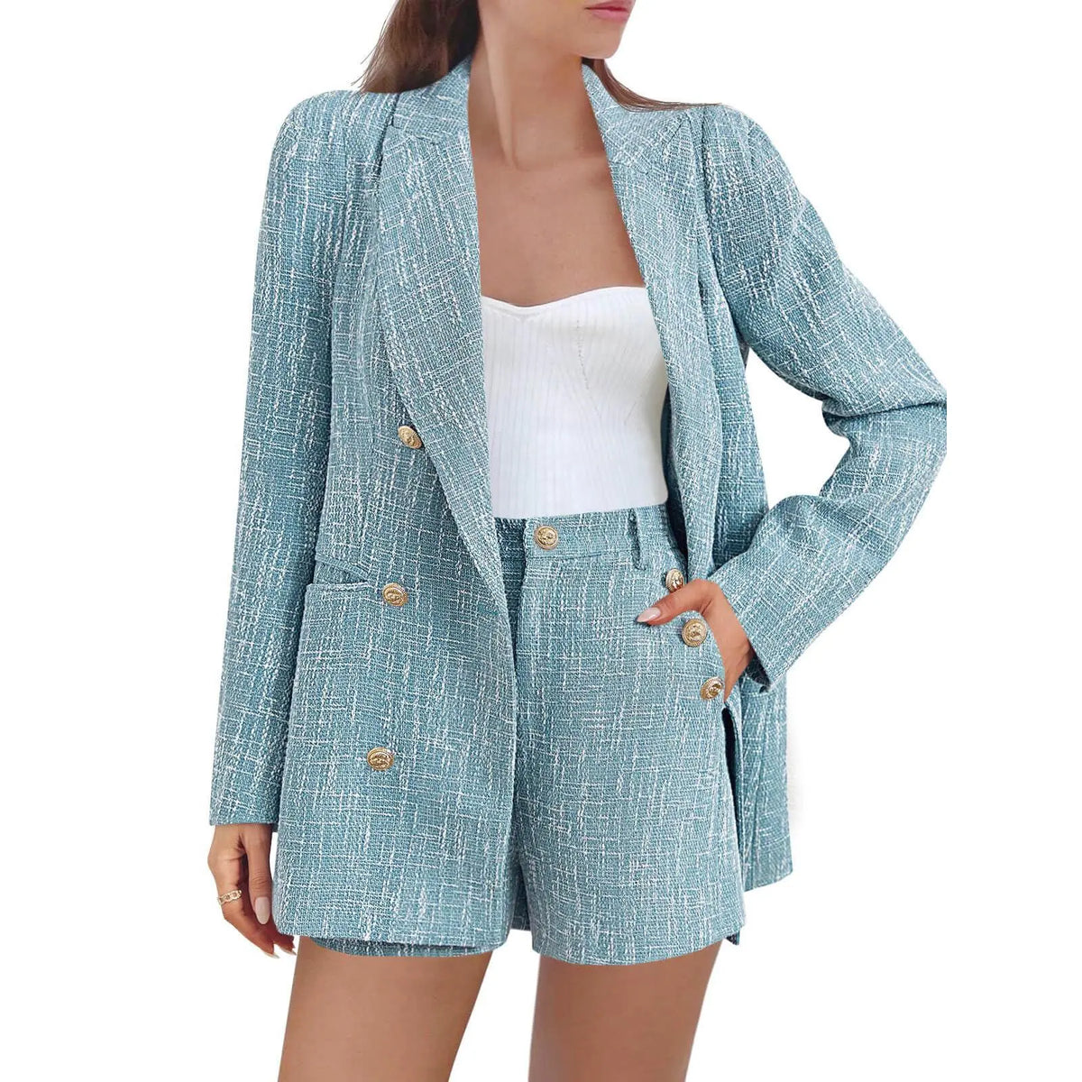 Imily Bela Womens 2 Piece Tweed Blazer Shorts Sets Long Sleeve Double Breasted Suit Jackets Business Outfit Fabric Formal