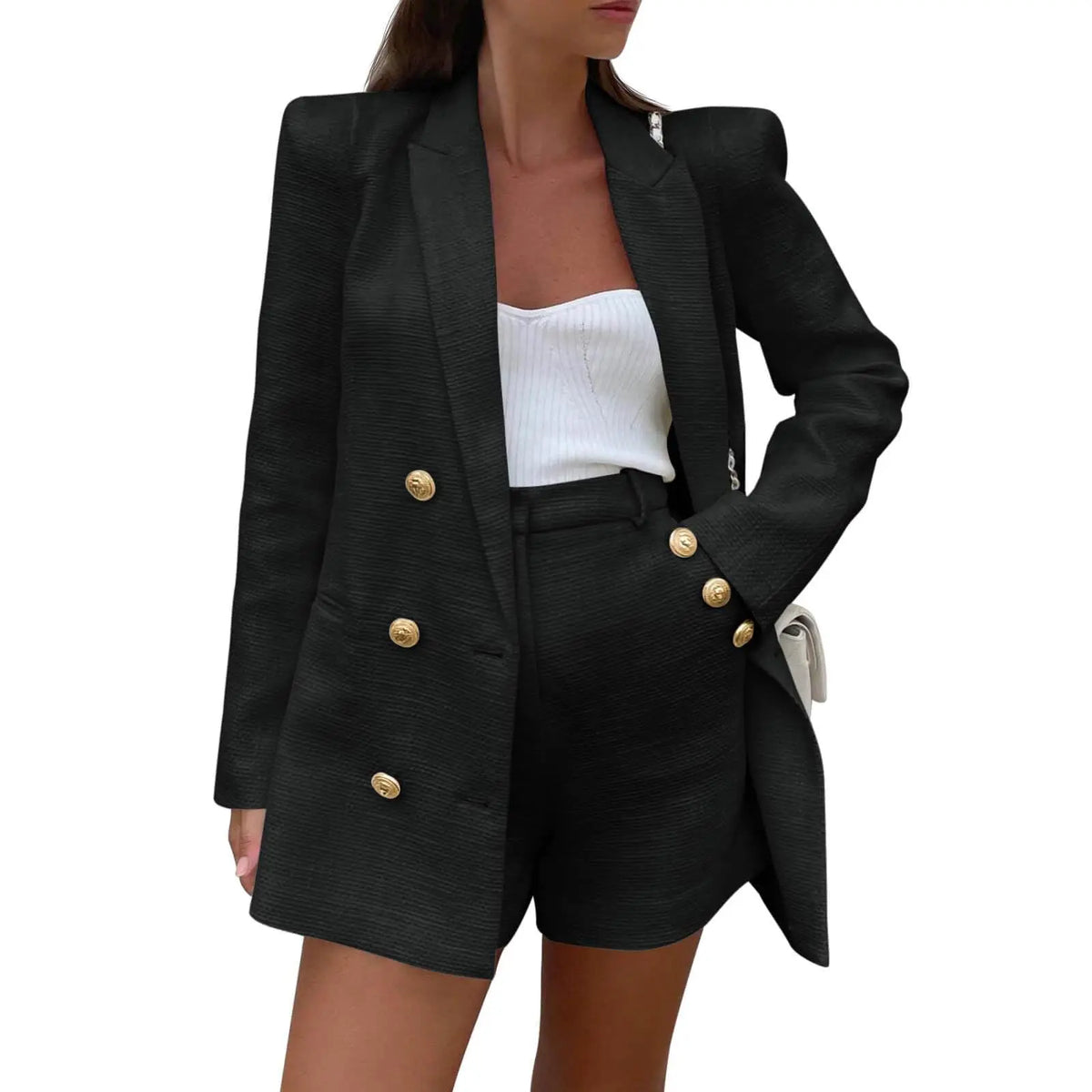 Imily Bela Womens 2 Piece Tweed Blazer Shorts Sets Long Sleeve Double Breasted Suit Jackets Business Outfit Fabric Formal