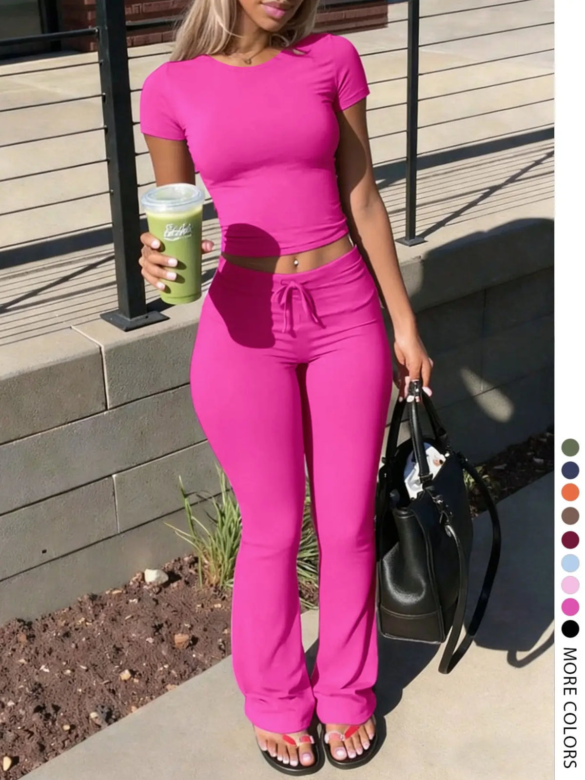 Women's LovelyWholesale Fashion Casual Two-Piece Set, Solid Color Round-Neck Short-Sleeve T-Shirt Top and Drawstring Pants, Spring and Summer Clothing