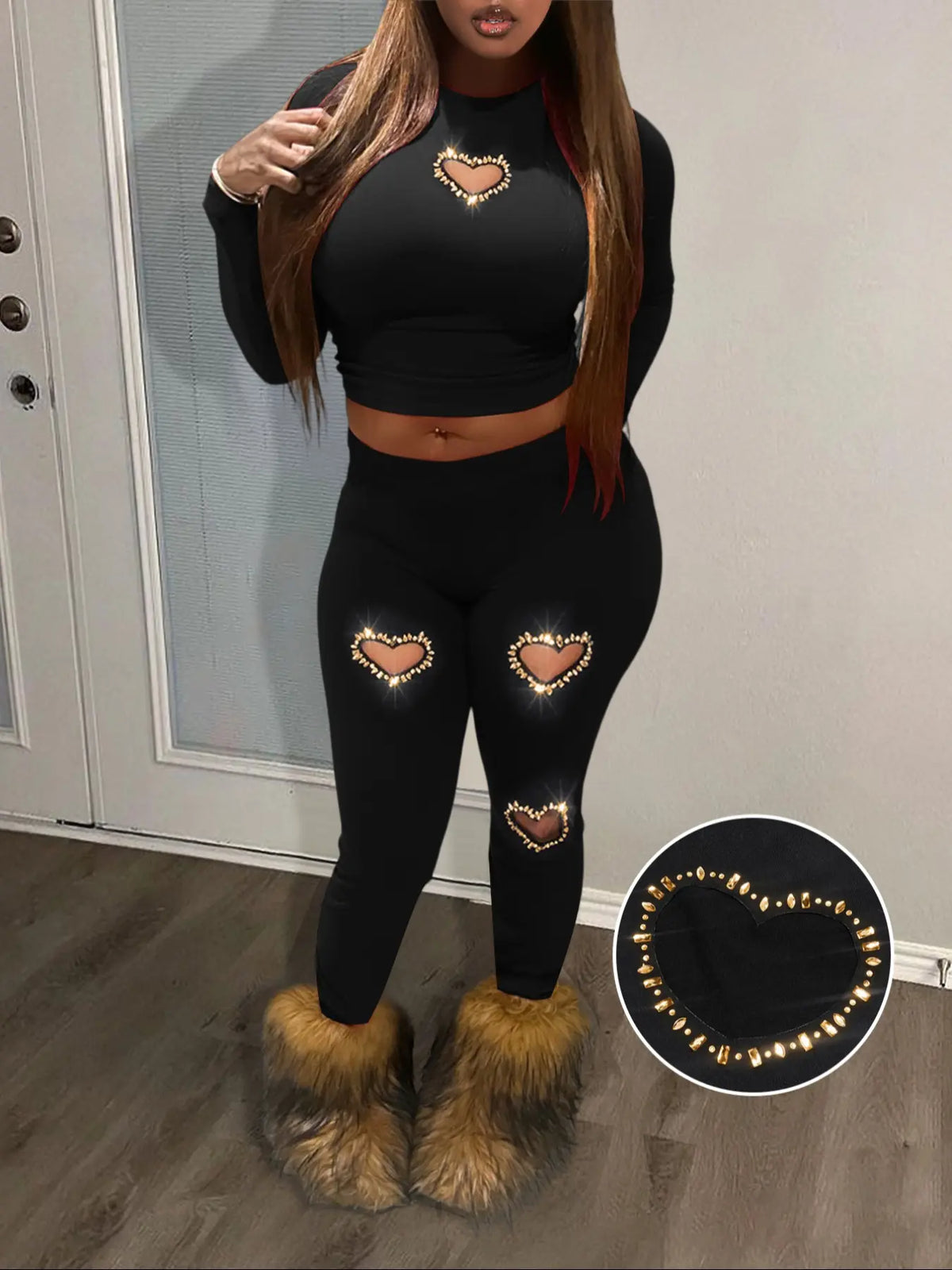 Two-Piece Set Women's Rhinestone Heart Decor Cut Out Crop Top & Skinny Pants Set, Long Sleeve Round Neck Top & Trousers Set for Fall & Winter, Women's Outfit Style for Daily Wear Casual Clothes, Casual Everyday Set