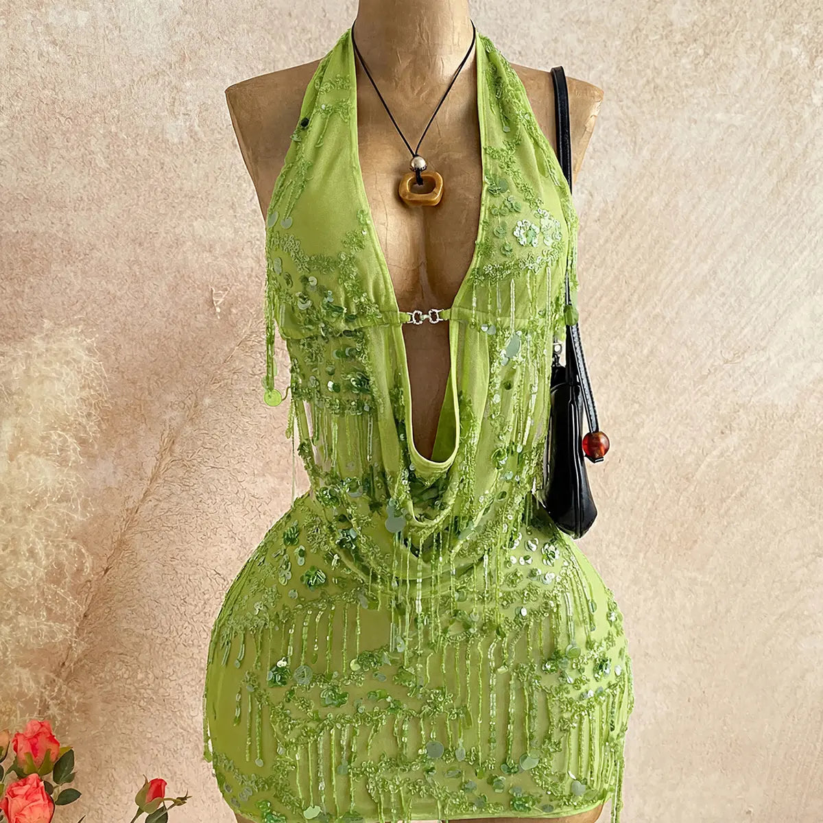 Women's 2-Piece Sexy Fitted Sequin Fringe Fashion Apparel Set - Drape Neck Cowl Camisole & Mini Skirt Matching Set for Music Festival, Club Night Out, Matching Sets For Women