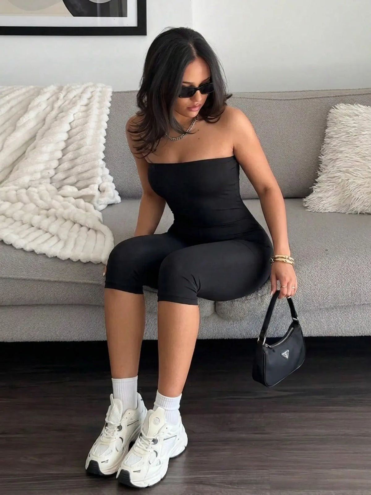 Trendy Sleeveless Tube Top & Seven-Quarter Pants Set, Slip-On Design, Slim-Fitting Knee-Length, Minimalist Streetwear, Versatile for Daily Wear
