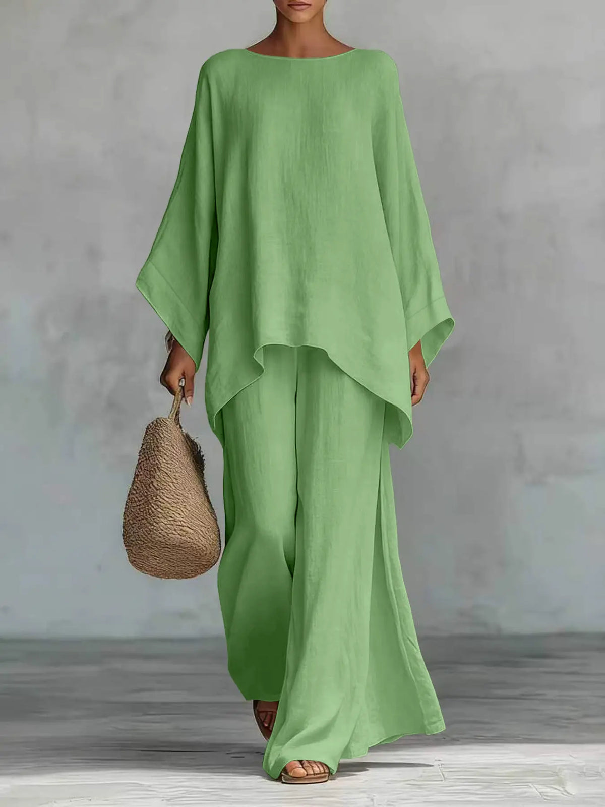 New Women's Simple Solid Loose-Fit Long Sleeve Blouse and Wide-Leg Pants Set, Baggy, Comfortable Casual Outfit, Perfect for Daily Wear, Stylish, Trendy and Elegance Two-Piece Set