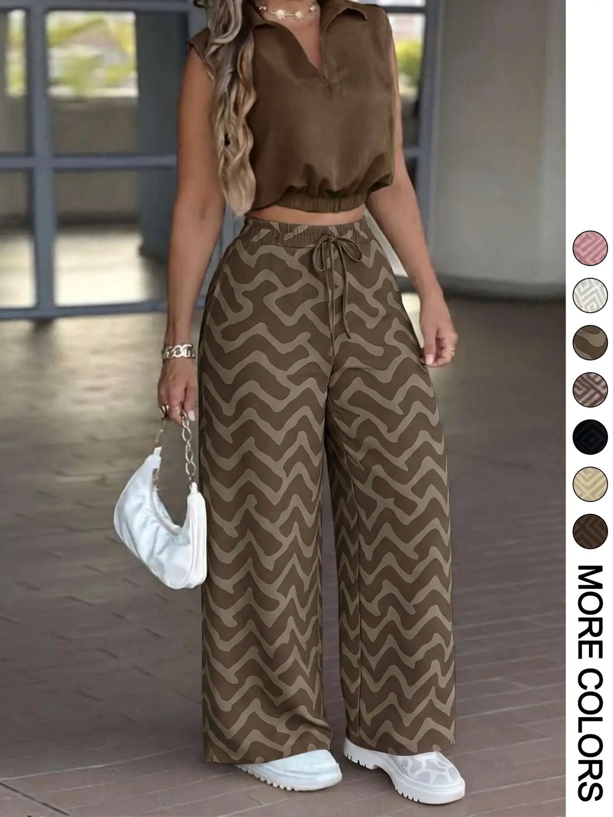 2-Piece Women's Basic Casual Commuter Clothes Set, Sleeveless Collared Waist-Defined Top with High-Waisted Adjustable Drawstring Wide-Leg Pants