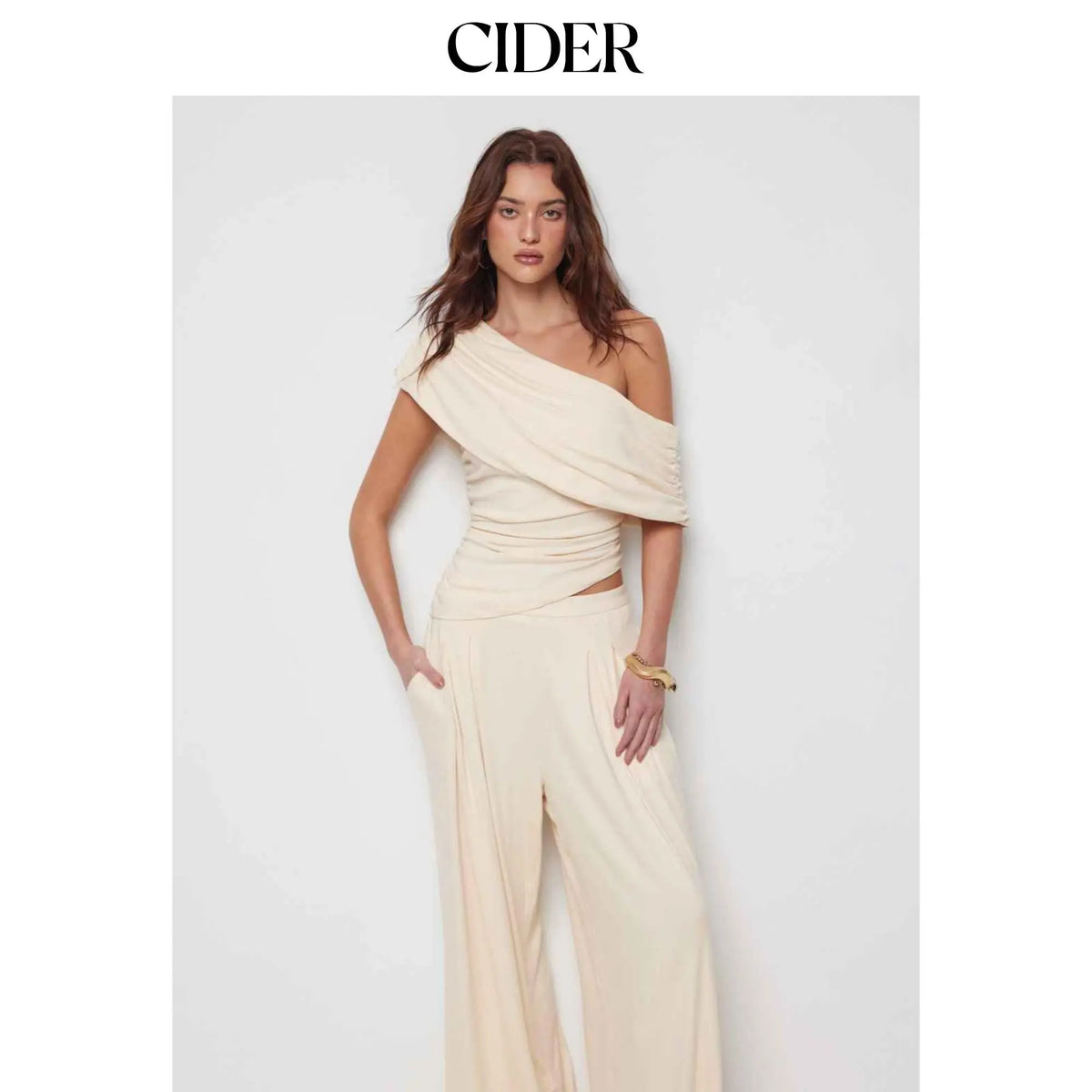 Cider 2-Piece Set Asymmetrical Neck Ruched Top & Mid Rise Wide Leg Draped Trousers Set